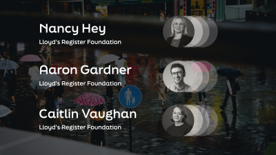 Headshots of Nancy, Aaron and Caitlin with name and circles